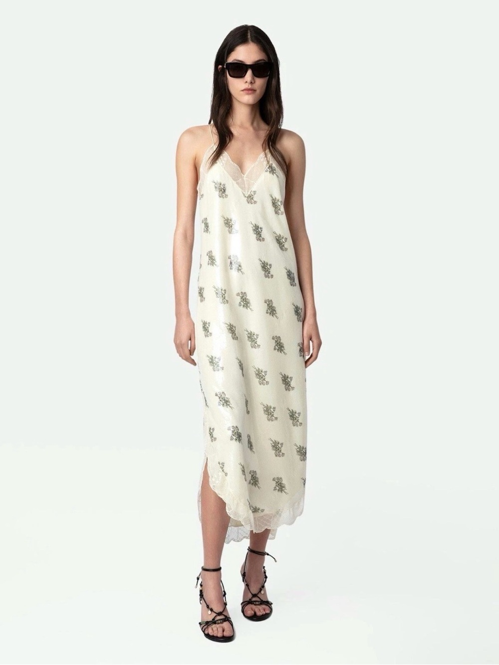 Zadig & Voltaire Ristyl Sequins Flowers Maxi Dress Mastic S NWT $578